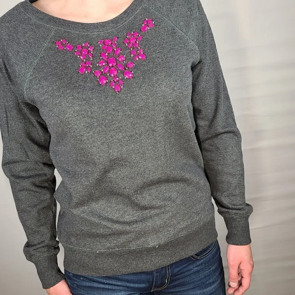 Fresh Gray and Pink Jeweled Neckline Sweater